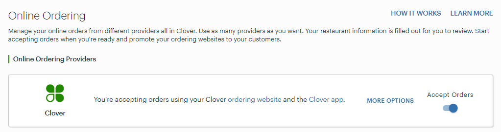 Screenshot showing the online ordering settings on Clover devices