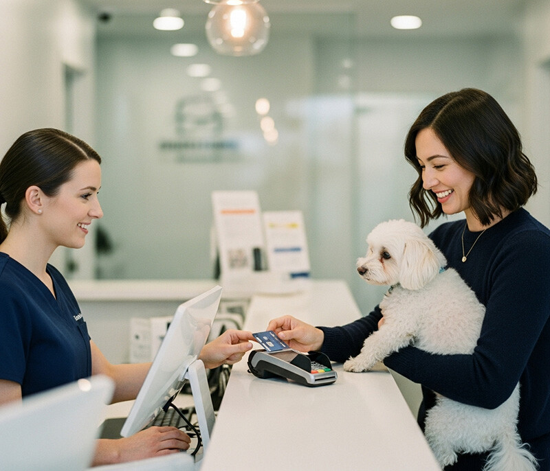 woman holding a french poodle paying with a credit card at the vet