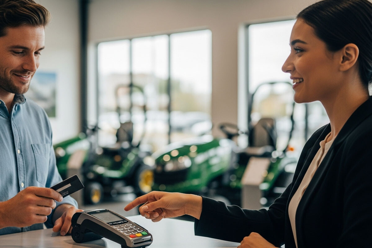 man paying with a credit card at an OPE dealership