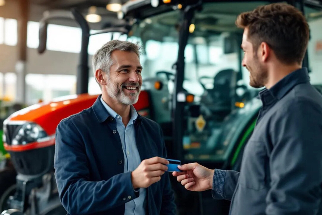 a man paying with a credit card at a tractor dealership