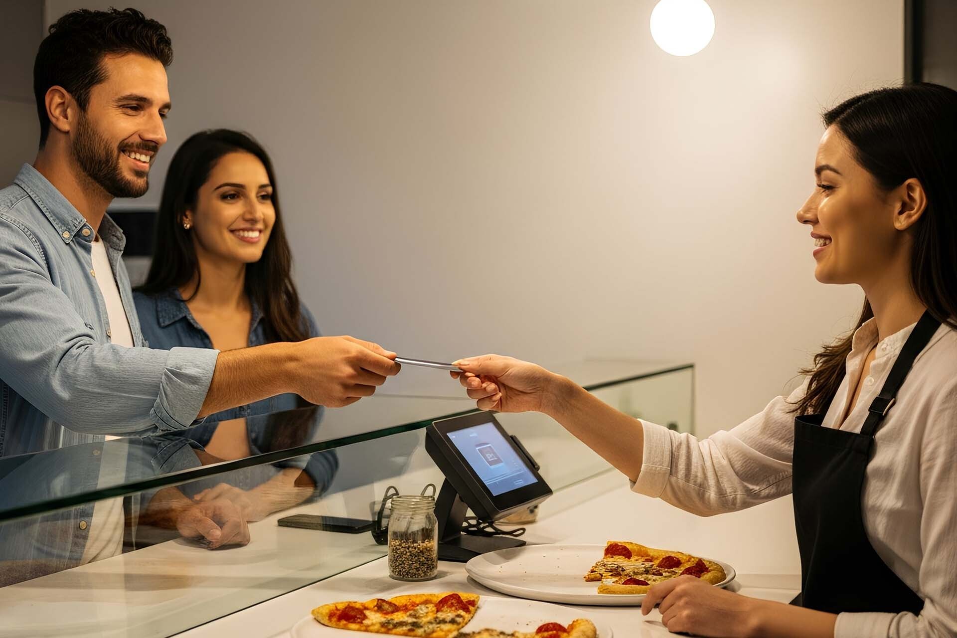 a couple paying for their pizza with a credit card