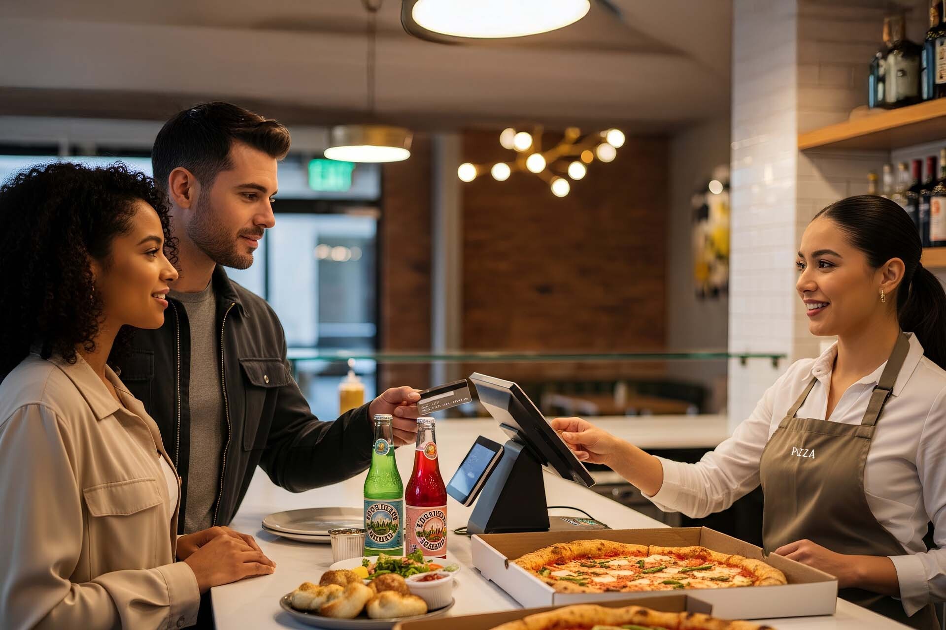 Couple paying for pizza and sodas with a credit card