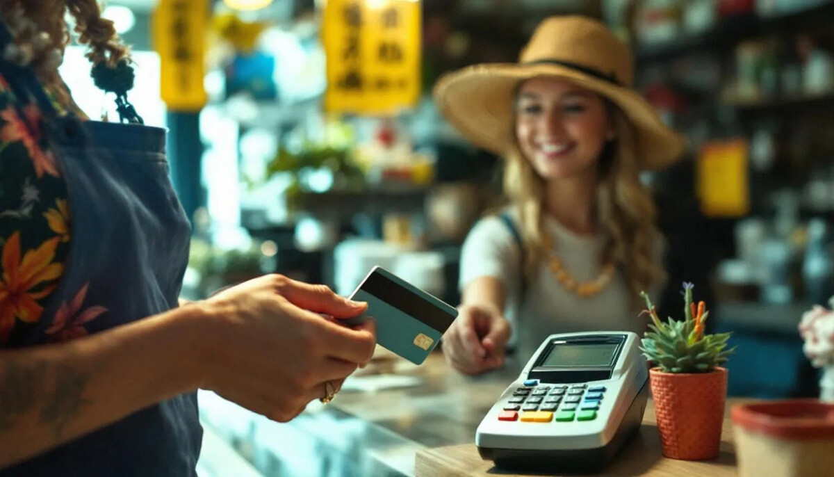 hawaii-woman-paying-with-credit-card-hero a tourist paying with a credit card at a Hawaiian shop