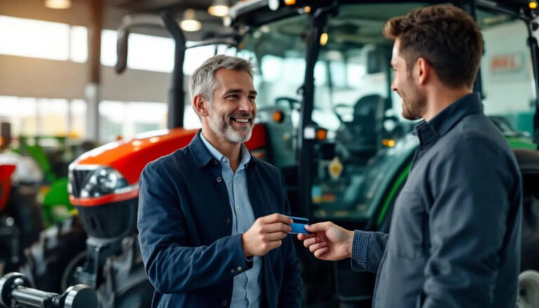 young adult make paying with a credit card at a tractor dealership
