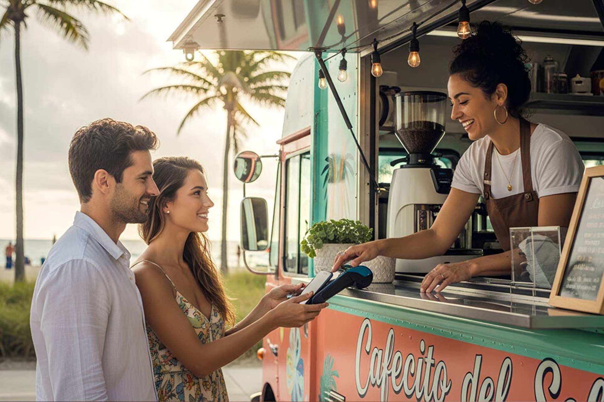 A couple paying with a credit card at a food truck in Miami