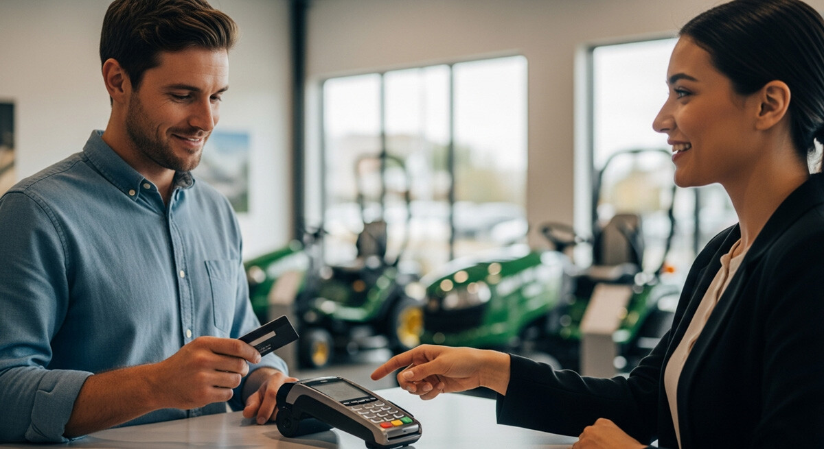 A happy man paying with a credit card at an OPE dealership and a woman smiling accepting the credit card