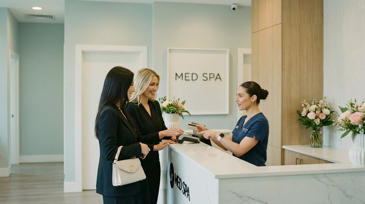 two beautiful women paying with a credit card at an elegant med spa
