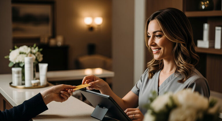 A beautiful woman accepting a credit payment at a medical spa