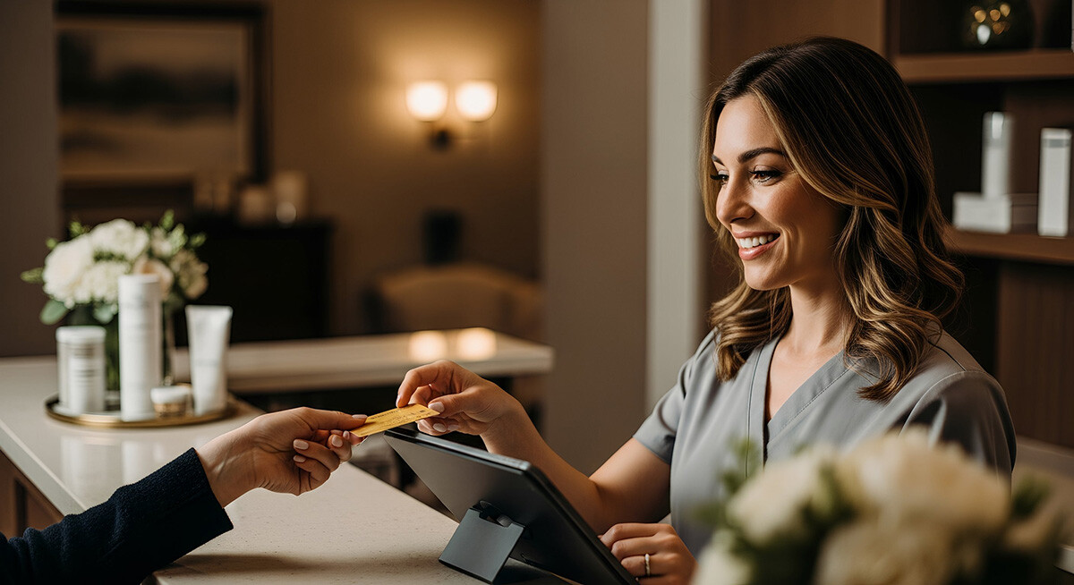 A beautiful woman accepting a credit payment at a medical spa