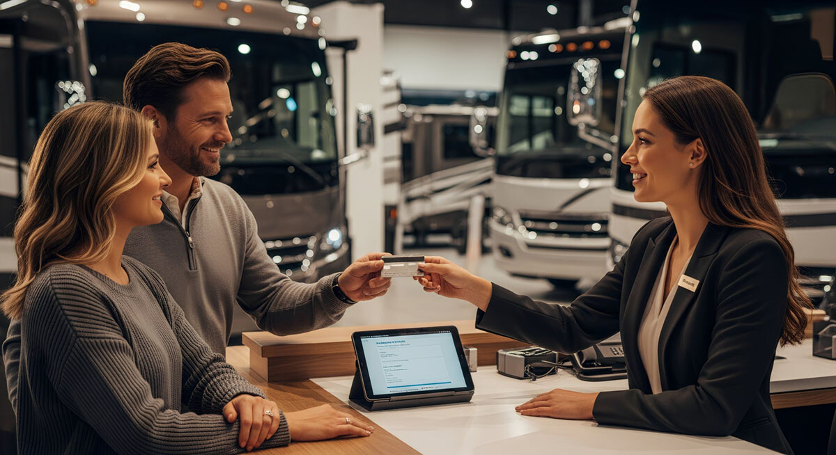 A couple paying with a credit a card at an RV dealership