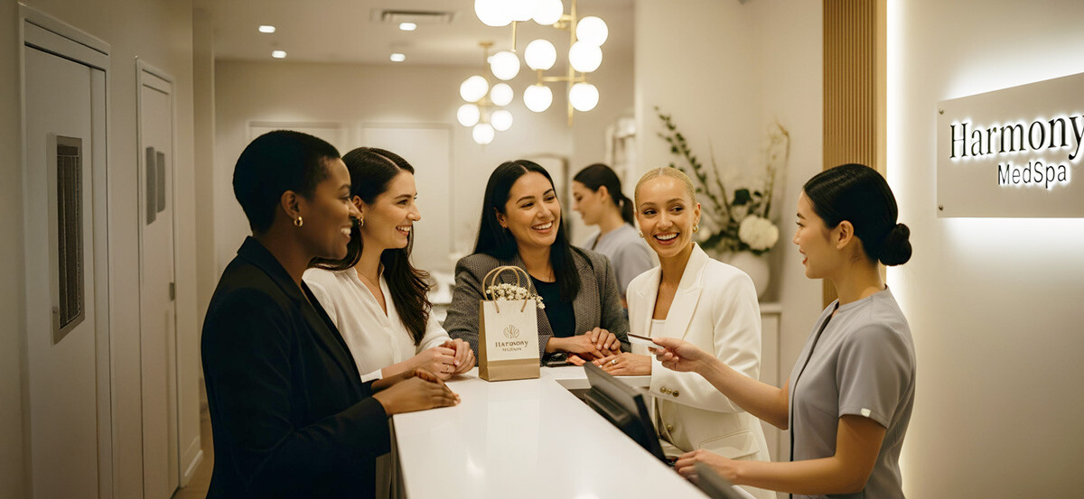 med-spas-2026-hero A group of women at a medical spa paying with a credit card