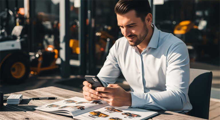 A professional man paying with text to pay on his cell phone