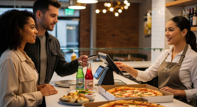 Couple paying for pizza and sodas at a pizza restaurant