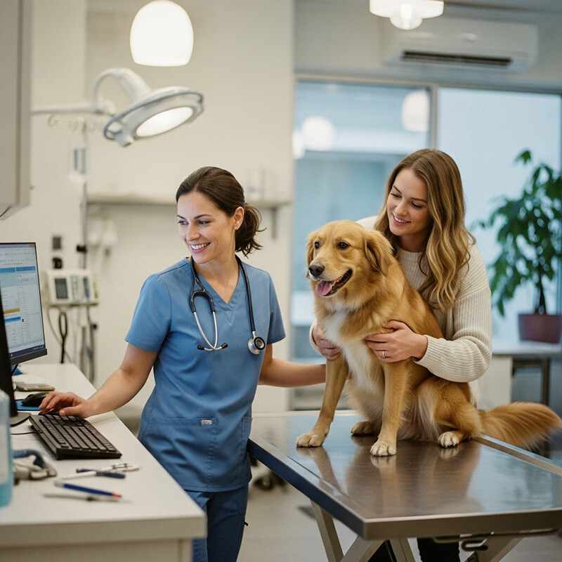 A veterinarian typing information into a computer while a woman holds a dog
