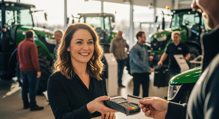 A woman at a tractor and outdoor equipment dealership accepting a credit card payment