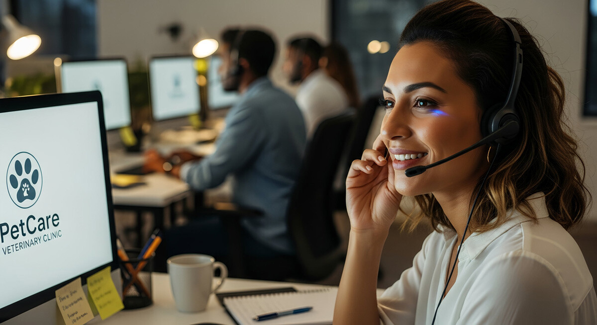 A woman smiling providing phone support to a vert clinic