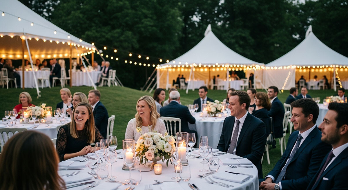 event-tent-party-track-blog Elegant tents with lights and decorated tables for a wedding event