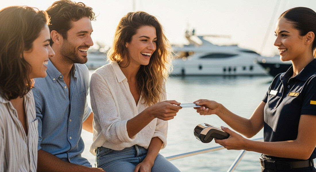marina-credit-card-bit-blog-hero A group of people renting a boat and paying with a credit card