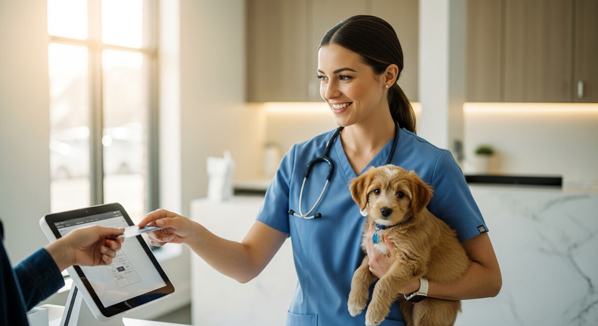 A woman veterinarian holding a puppy accepting a credit card payment