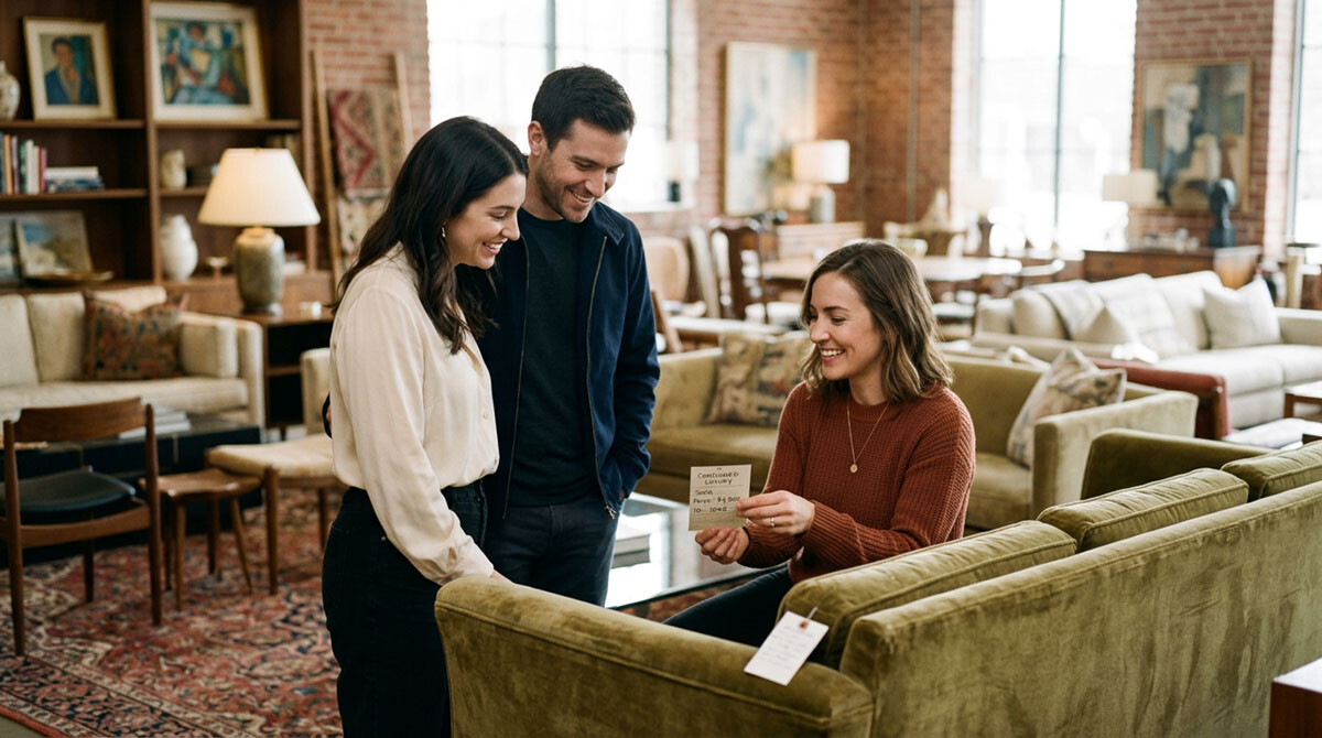 A couple visiting a furniture consignment store
