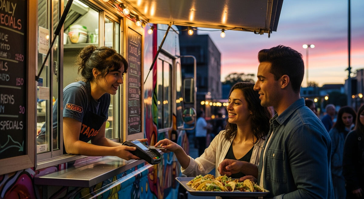 A taco food truck: A hispanic woman accepting a credit card payment from a couple