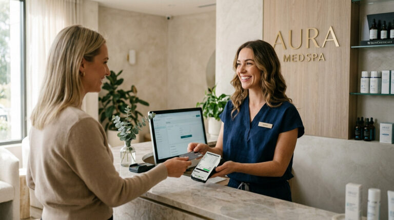 An esthetician accepting a credit card payment at her elegant medical spa.