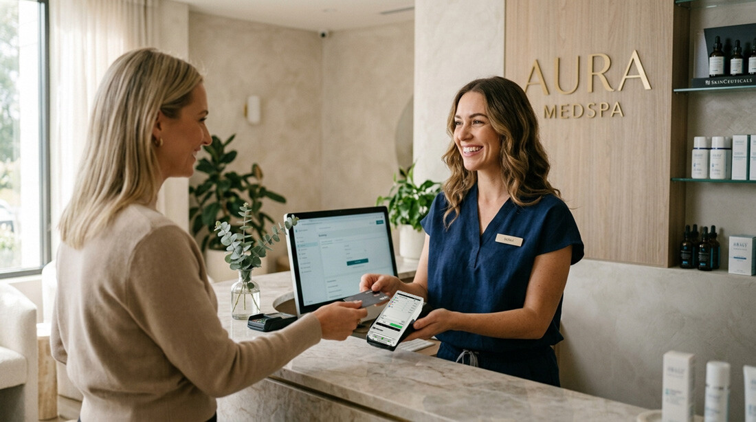 a-beautiful-med-spa-getting-payment-hero An esthetician accepting a credit card payment at her elegant medical spa.