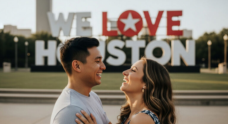 A couple having fun in a Houston landmark