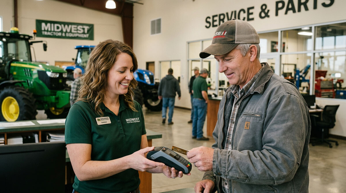 ope-spring-saving-hero A woman accepting a credit card payment at an OPE dealership