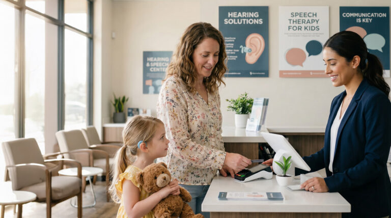 Mother and her child paying with a credit card at a hearing and speech clinic