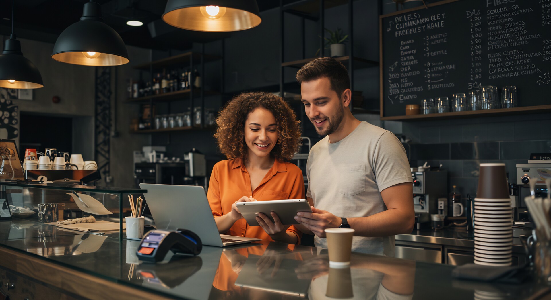 Young Couple Small Business Owners Using Tablet and Laptop in a Modern Coffee Shop