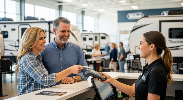 A couple paying with a credit card at an RV dealer