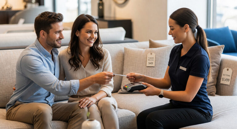 A couple smiling, sitting on a section at a furniture store, paying with a credit card