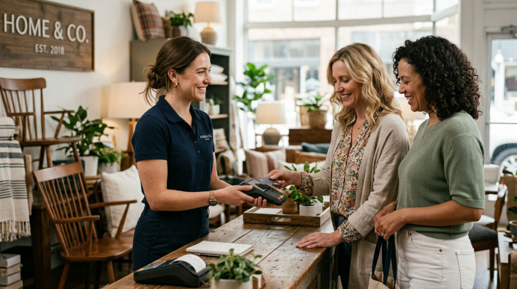 A woman accepting a credit card payment from two ladies at her furniture store