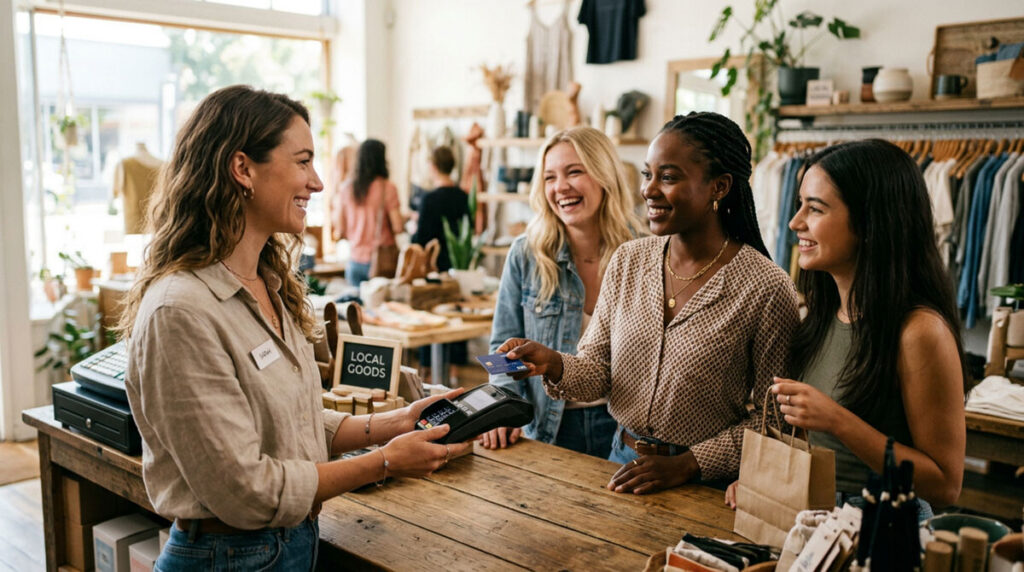 Three women smiling, paying with a credit card at a local retail store