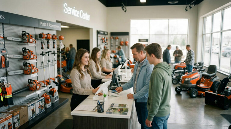 A busy OPE dealer. Employees behind the counter at the service & parts accepting credit card payments.