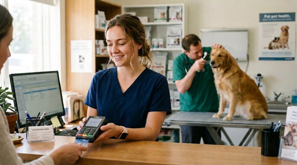 A woman accepting a credit card payment at a veterinary clinic, while the dog is examined in the back