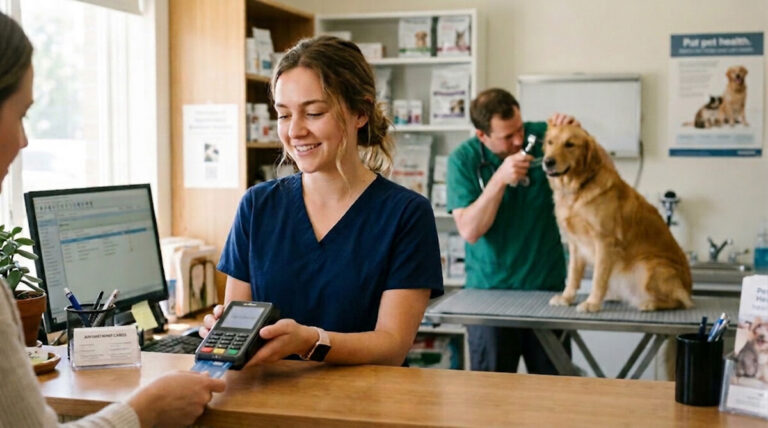 A woman accepting a credit card payment at a veterinary clinic, while the dog is examined in the back