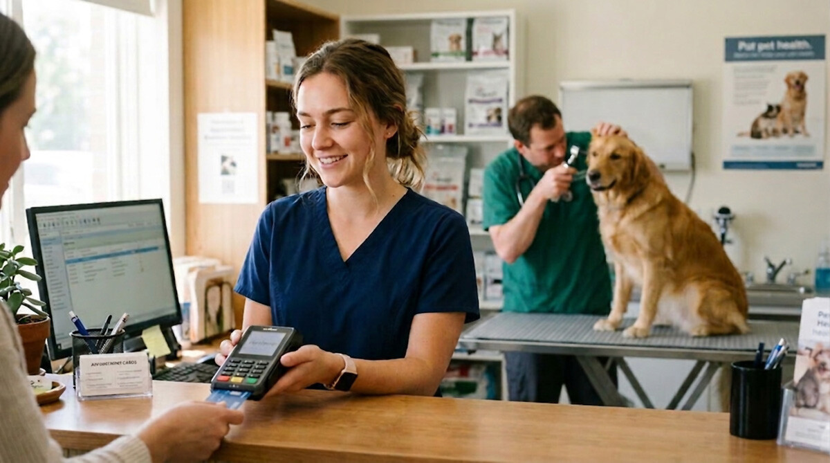 A woman accepting a credit card payment at a veterinary clinic, while the dog is examined in the back