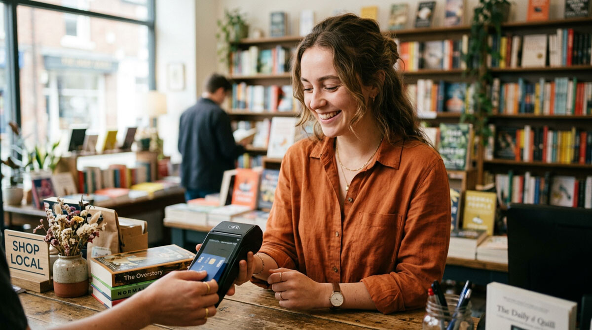 bm1-surcharging-bookstore-paying-blog-v2 A woman smiling accepting a credit card payment at a local bookstore