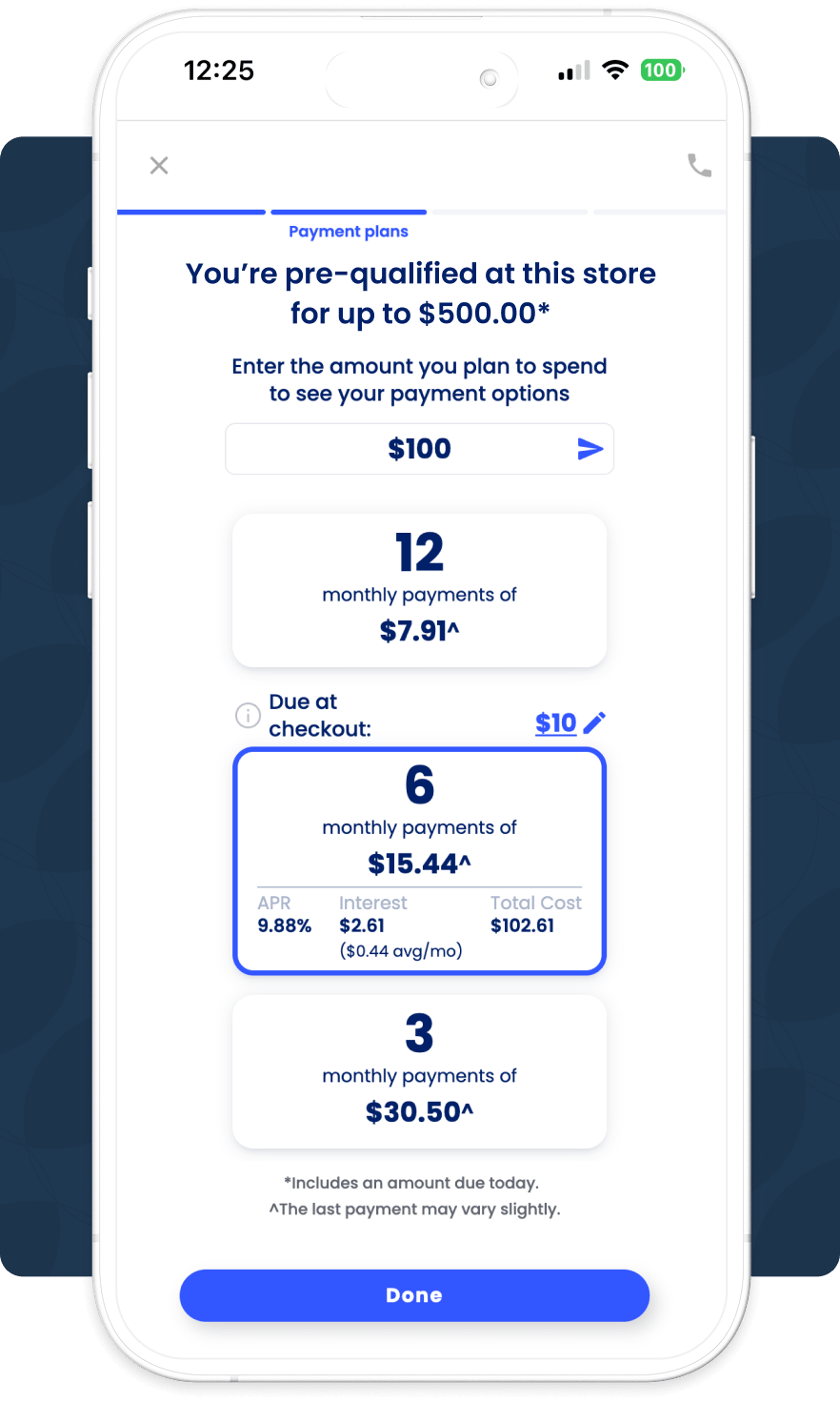 Mobile phone showing buy now, pay later options screen