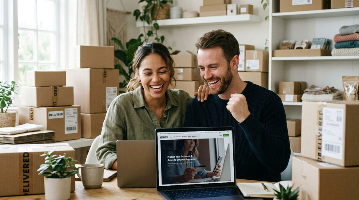 card-filters-blog-couple-ecommerce A couple celebrating in front of their laptop that they activated their protection filters