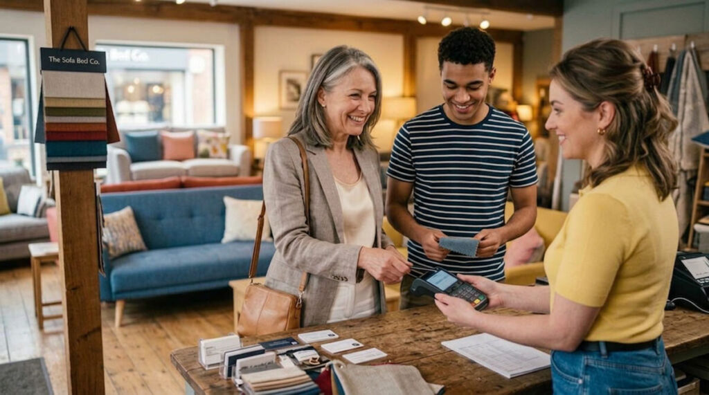 A mother paying with a credit card for her son's sofa