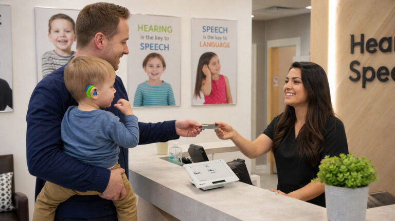 A father holding a child wearing a hearing aid paying with a credit card at an audiology practice