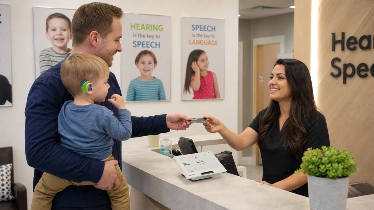 A father holding a child wearing a hearing aid paying with a credit card at an audiology practice