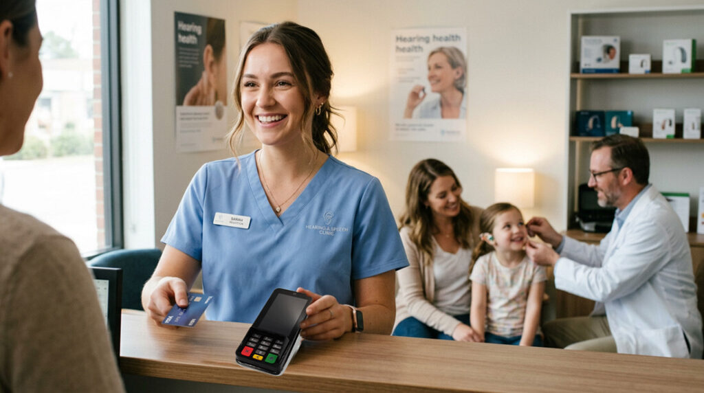 A nurse accepting a credit card payment at a hearing & speech clinic.