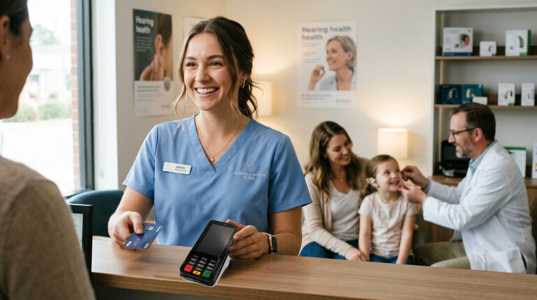 A nurse accepting a credit card payment at a hearing & speech clinic.
