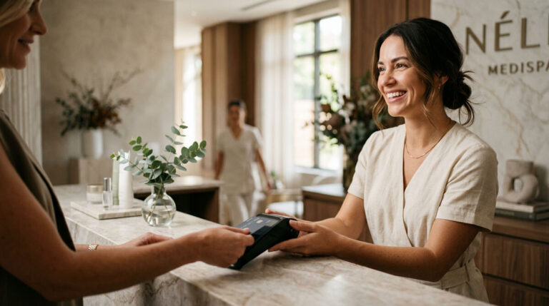 A woman smiling accepting a credit card payment with a hand held terminal at an elegant medical spa