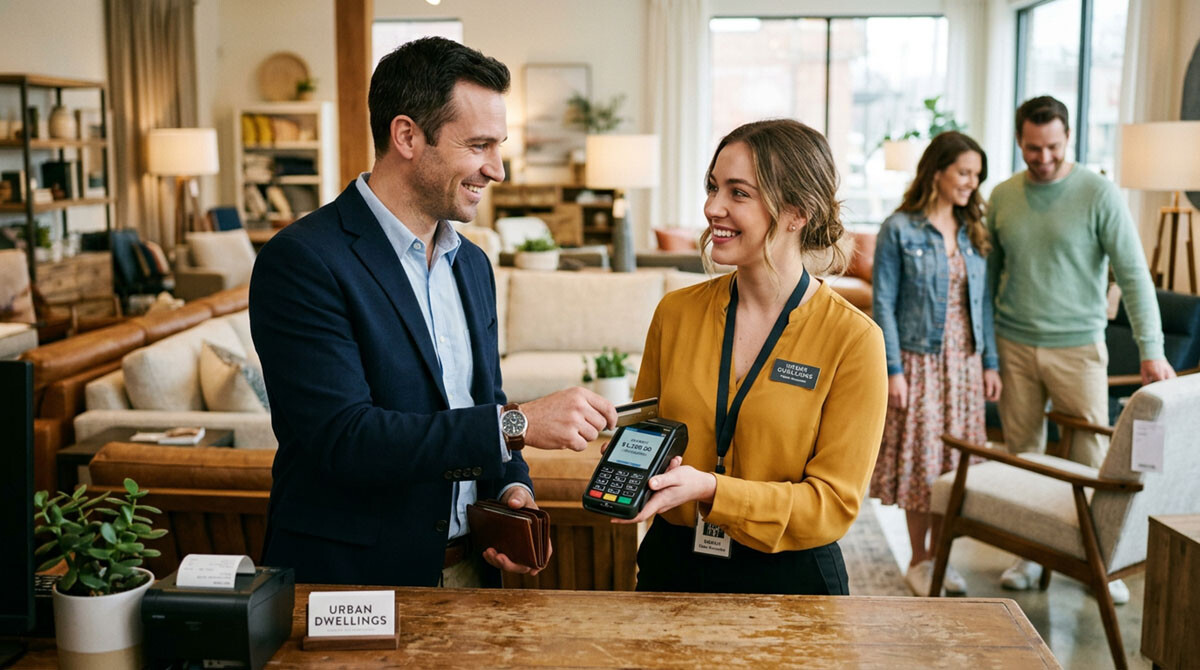 A man paying with a credit card at a furniture store and a woman wearing a yellow shirt accepting the payment