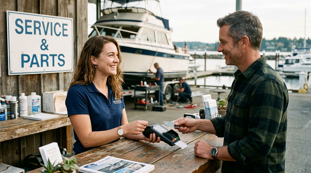 A woman accepting a credit card payment at a service & parts marina